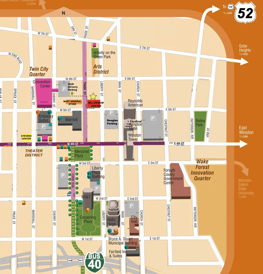 A map of downtown San Francisco highlighting Winston-Salem wedding venues.