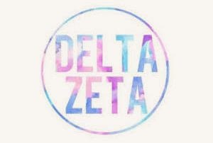 Delta zeta logo on a white background at an event venue.