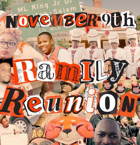 Collage featuring people in various group settings, text "November 9th Ramily Reunion," and individuals dressed in marching band attire.