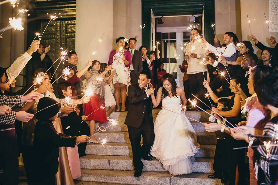 A wedding departure on the steps of Millennium Center in Winston-Salem