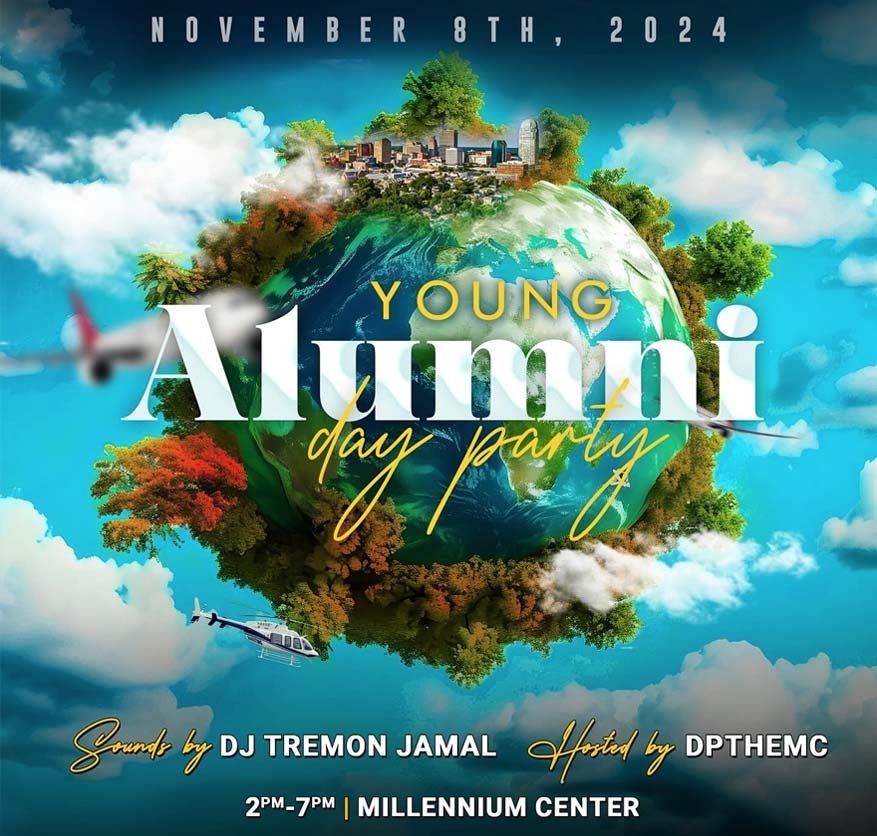 Colorful promotional poster for the Young Alumni Day Party on November 8th, 2024, at the Millennium Center, featuring DJs and hosts with artistic earth imagery and event details.